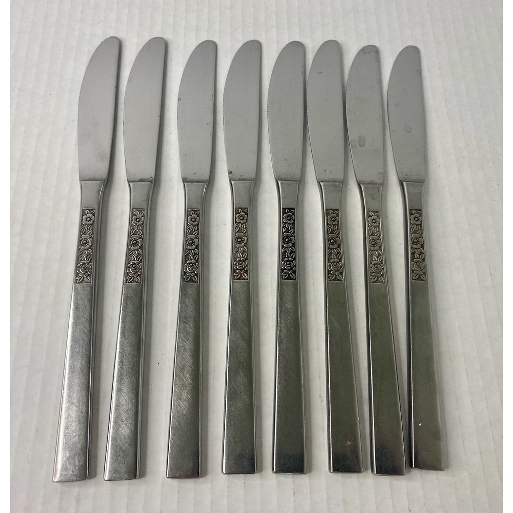 Stanley Roberts Dinner Knives Dorette Rose 9" Stainless Flatware Japan Lot Of 8